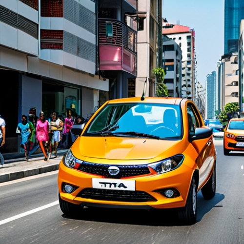 A vibrant Tata Tiago driving through a bustling city street, showcasing its playful design and eye-catching color. The background includes modern buildings and lively street scenes.