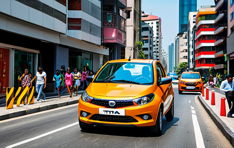 A vibrant Tata Tiago driving through a bustling city street, showcasing its playful design and eye-catching color. The background includes modern buildings and lively street scenes.
