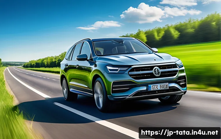 타타 넥슨 디젤과 가솔린 모델 비교 - A sleek modern diesel car driving smoothly on a long highway surrounded by lush green countryside un...