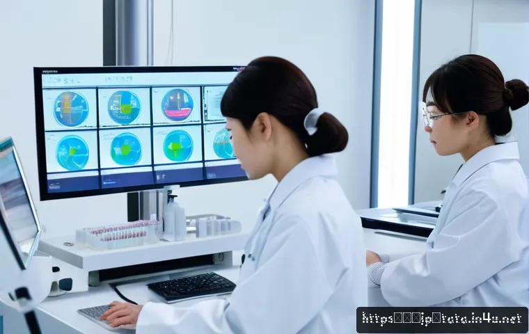 타타 하리아의 최신 안전 평가 - A modern Japanese laboratory setting with scientists in white lab coats conducting clinical trials f...