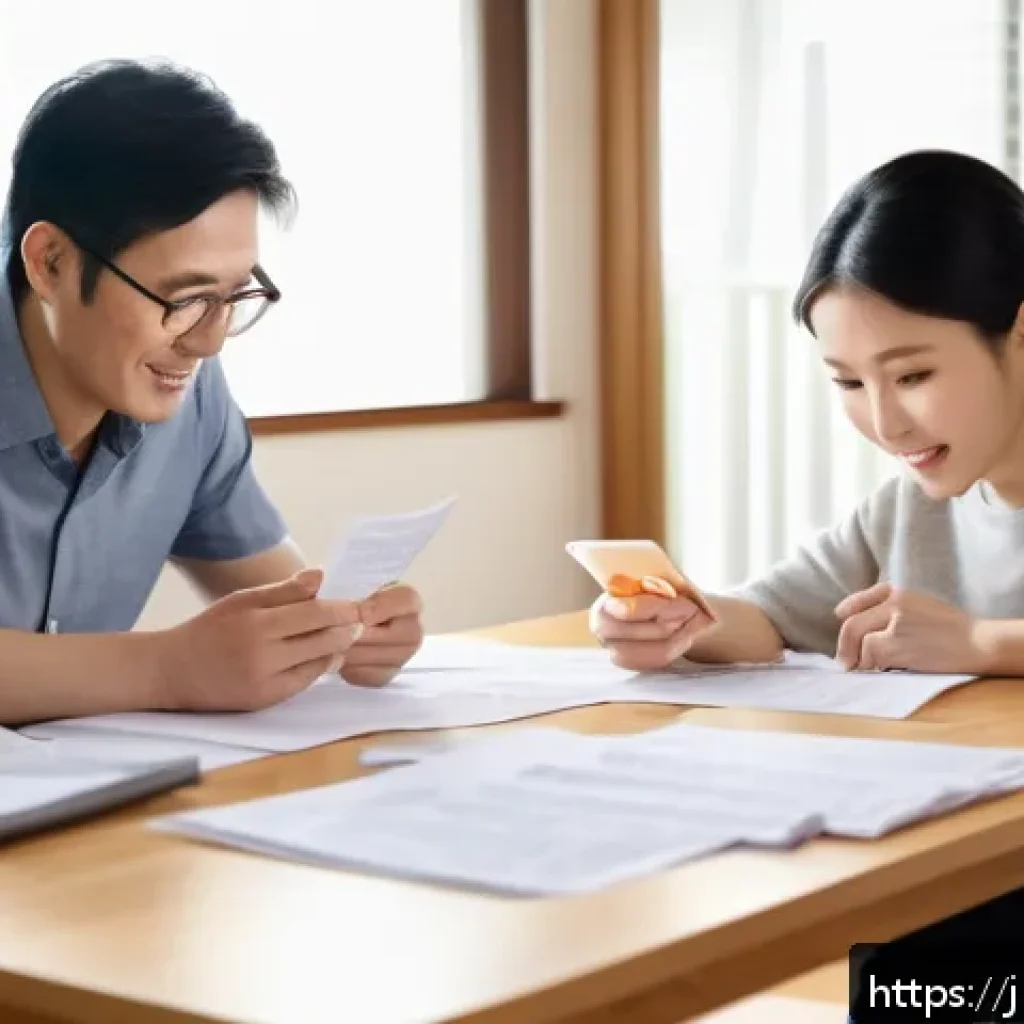 타타 펀치의 보험료 절약 팁 - A modern Japanese family sitting around a wooden table in a bright living room, carefully reviewing ...