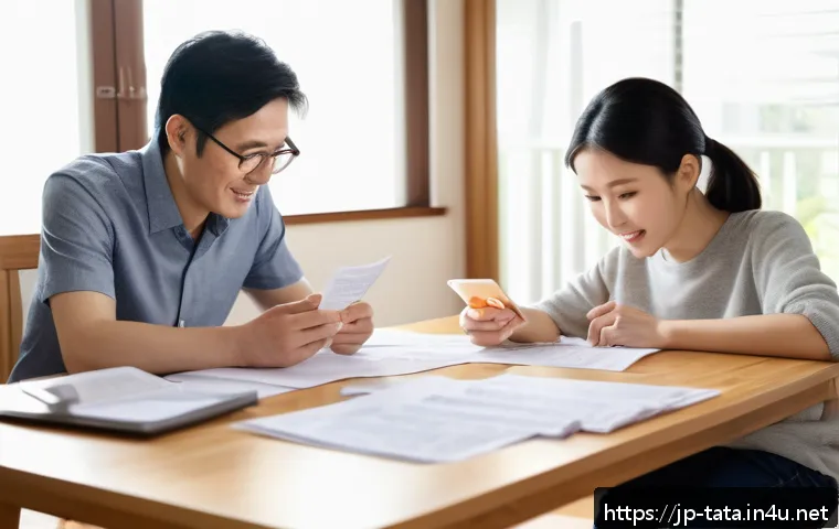 타타 펀치의 보험료 절약 팁 - A modern Japanese family sitting around a wooden table in a bright living room, carefully reviewing ...