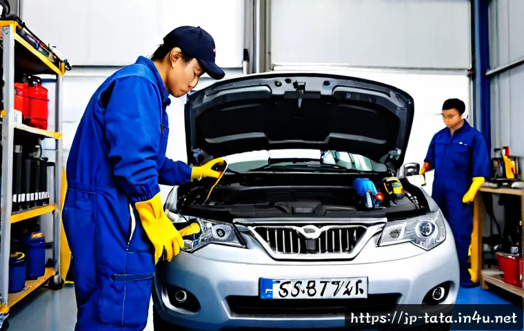 타타 넥슨 디젤의 유지보수 비용 - Photorealistic compact diesel SUV in a clean independent automotive workshop, hood raised as a skill...